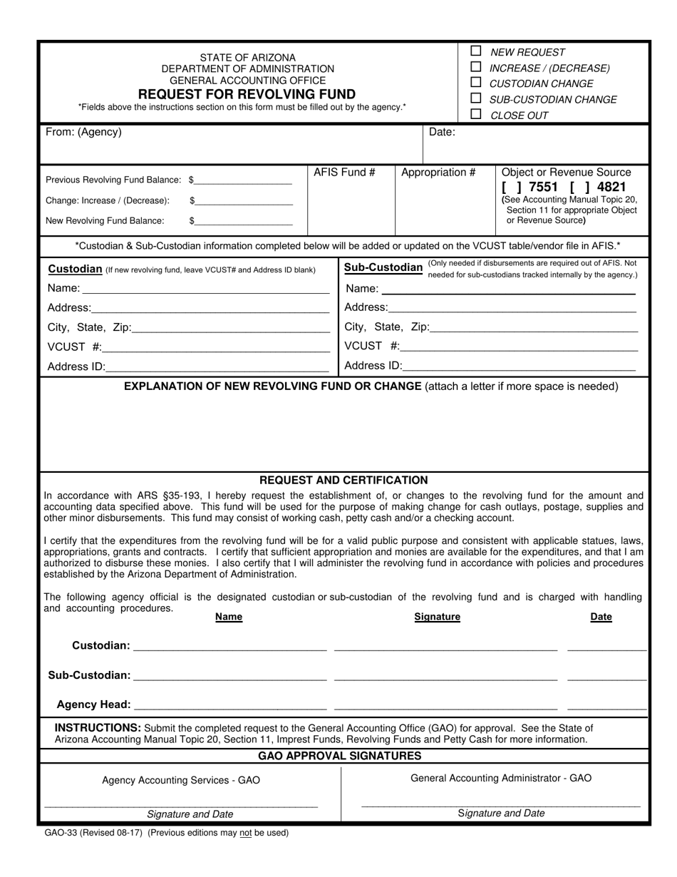 Form GAO-33 Request for Revolving Fund - Arizona, Page 1