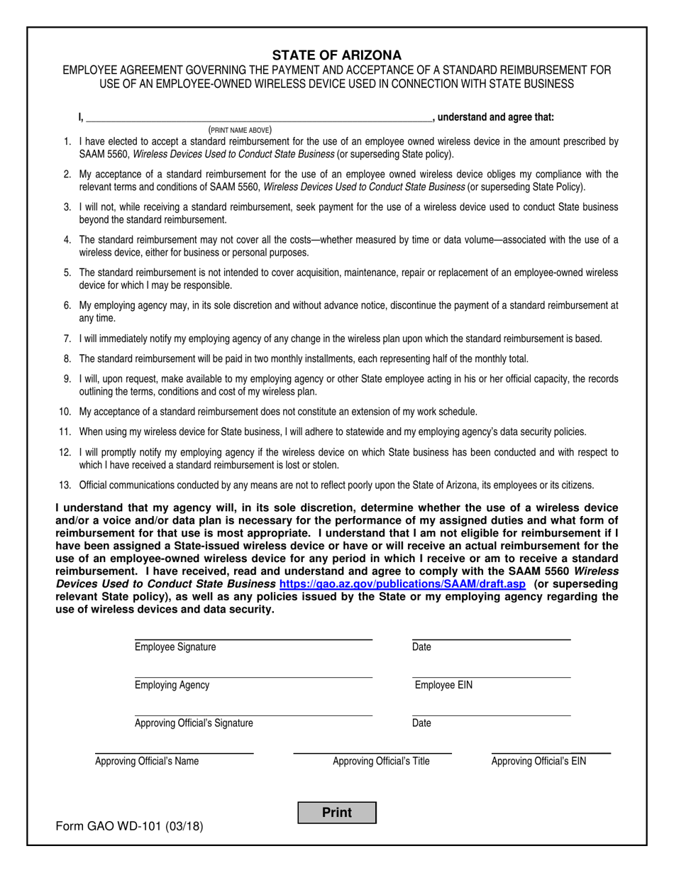 Form GAO WD-101 Employee Agreement Governing the Payment and Acceptance of a Standard Reimbursement for Use of an Employee-Owned Wireless Device Used in Connection With State Business - Arizona, Page 1