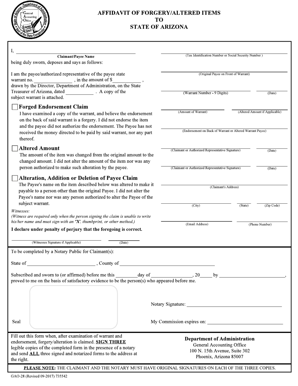 Form GAO-28 Affidavit of Forgery / Altered Items to State of Arizona - Arizona, Page 1