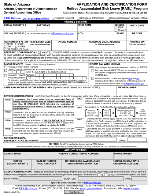 Form GAO-SL-50 Retiree Accumulated Sick Leave (Rasl) Application and Certification Form - Arizona