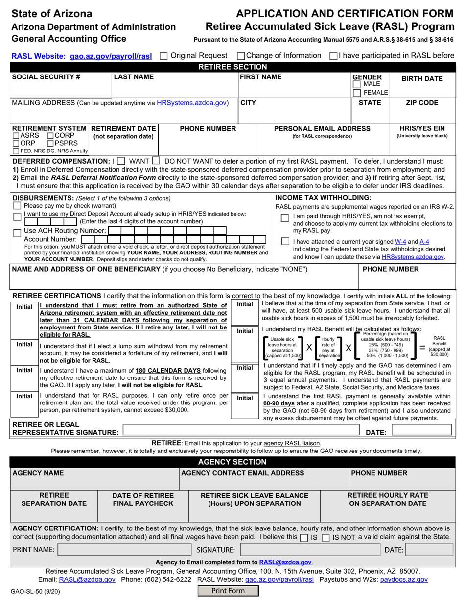 Form GAO-SL-50 Retiree Accumulated Sick Leave (Rasl) Application and Certification Form - Arizona, Page 1