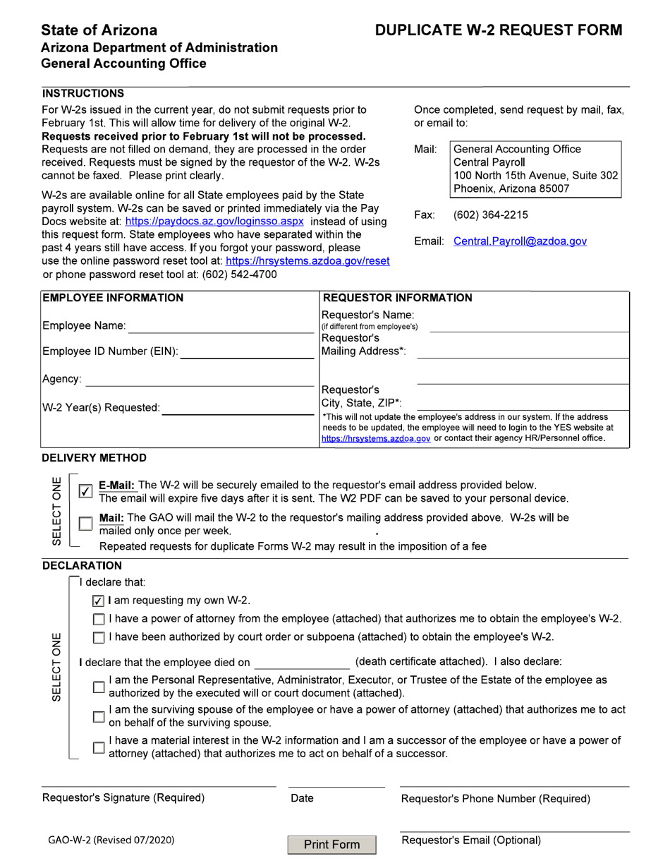 Form GAO-W-2 Duplicate W-2 Request Form - Arizona, Page 1