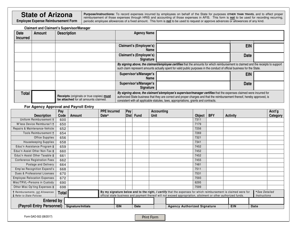 Form GAO-502 Employee Expense Reimbursement Form - Arizona, Page 1