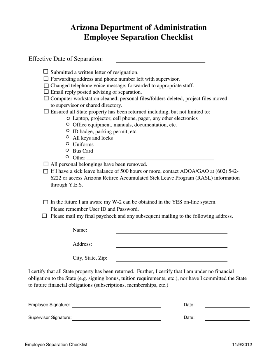 Employee Separation Checklist - Arizona, Page 1