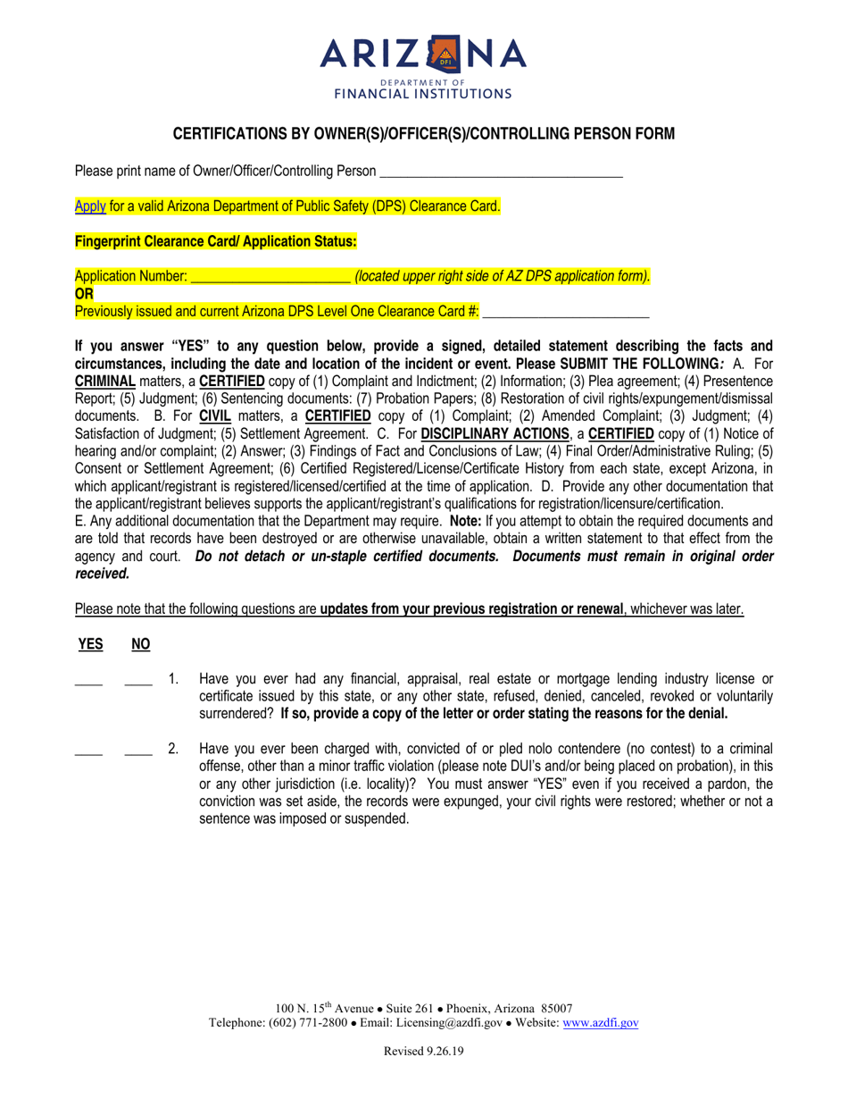Arizona Certifications by Owner(S)/Officer(S)/Controlling Person Form