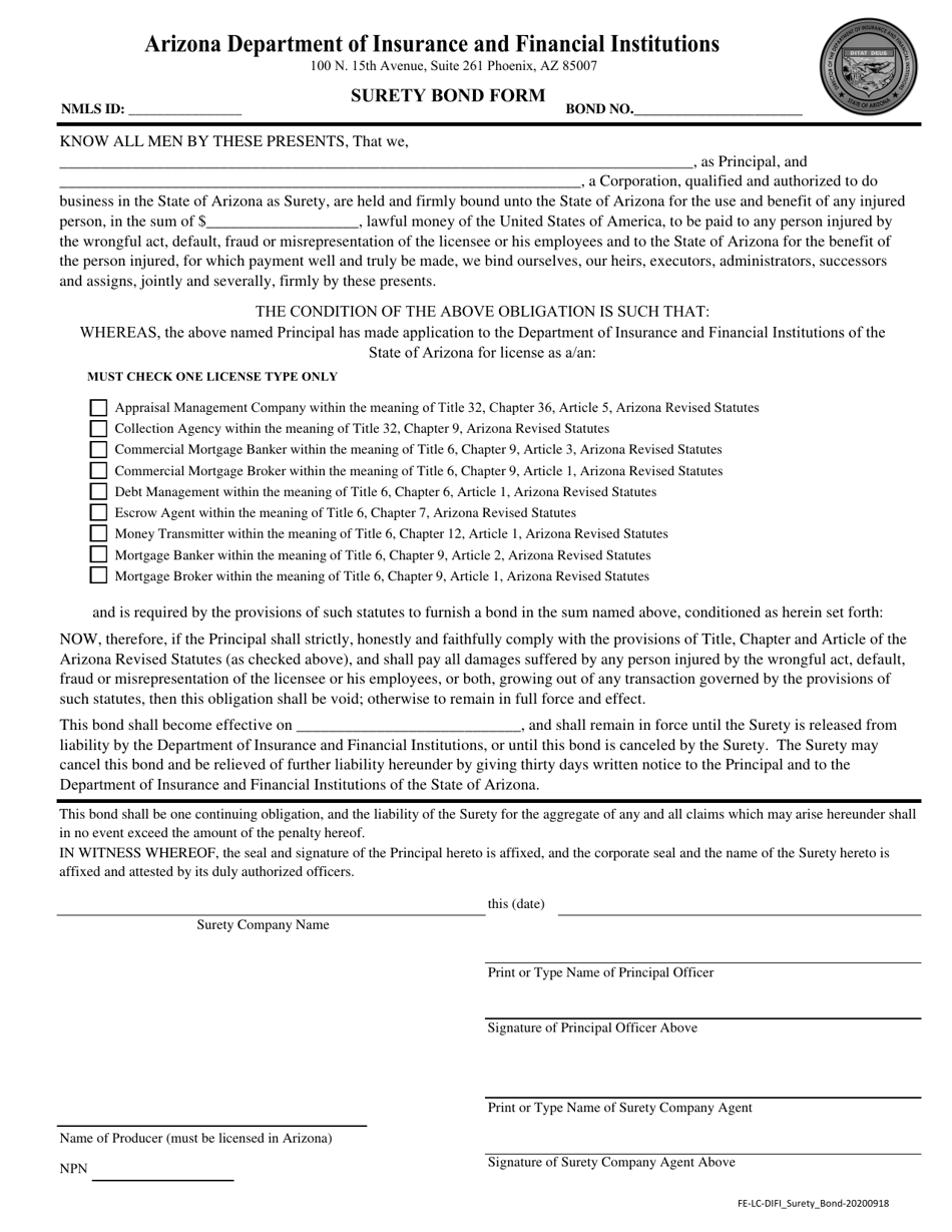 Surety Bond Form - Arizona, Page 1