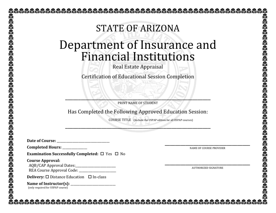Arizona Real Estate Appraisal Certification of Educational Session