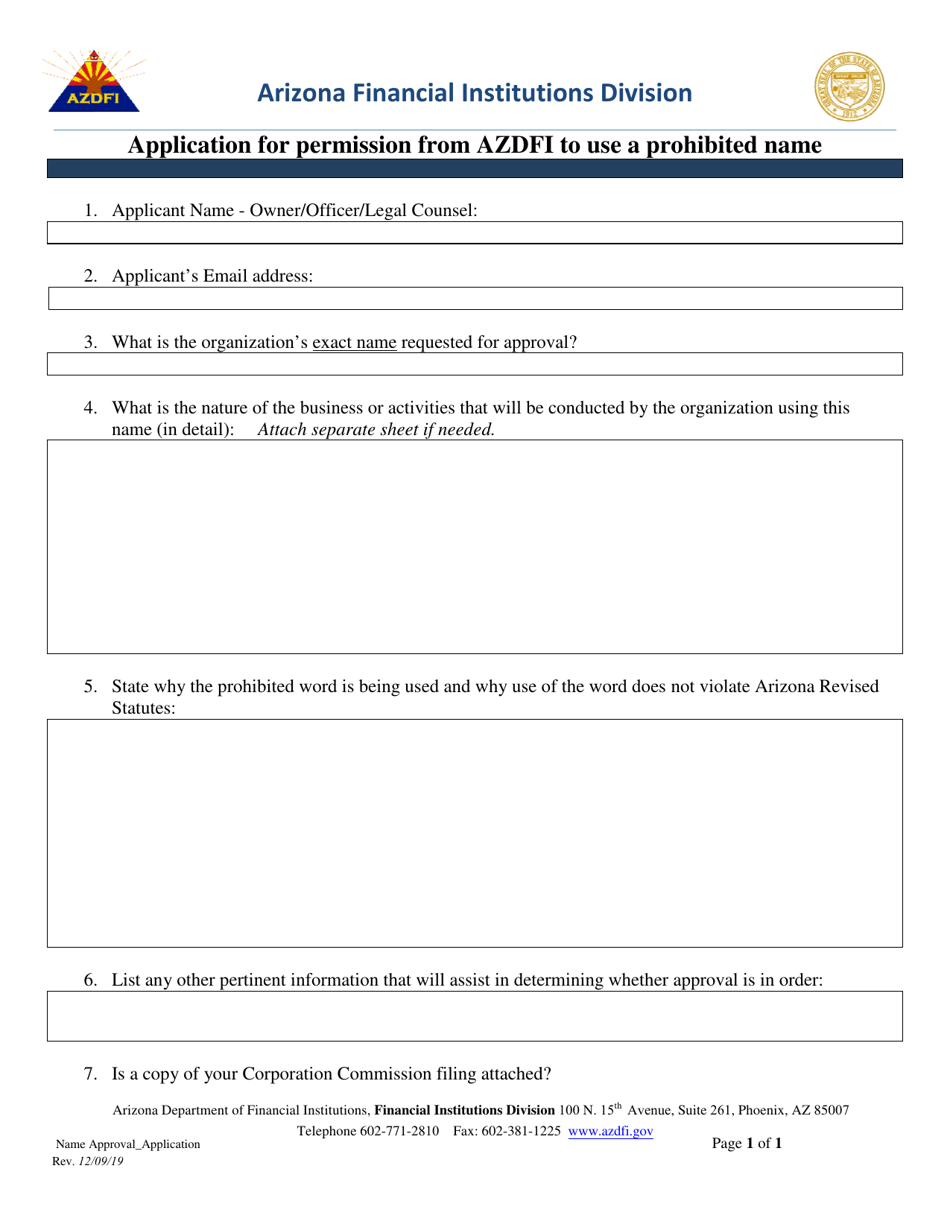 Application for Permission From Azdfi to Use a Prohibited Name - Arizona, Page 1