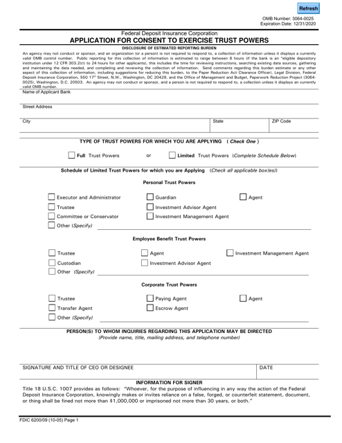 FDIC Form 6200/09  Printable Pdf