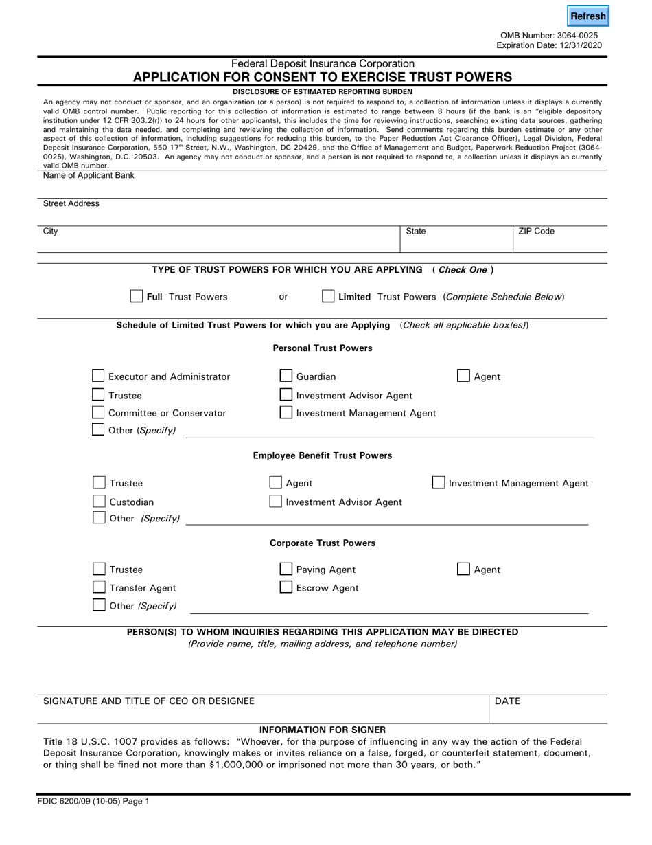 FDIC Form 6200 / 09 Application for Consent to Exercise Trust Powers, Page 1