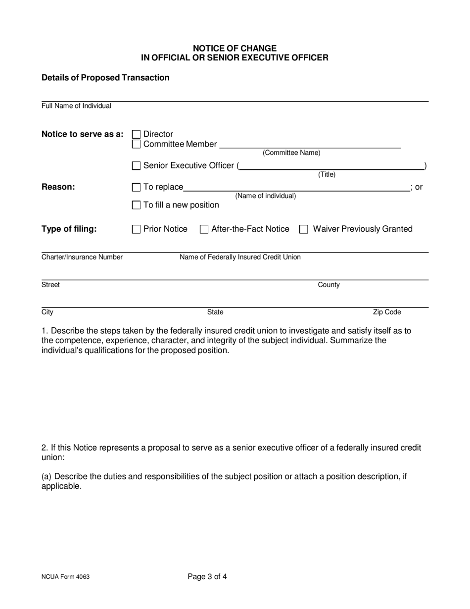 NCUA Form 4063 Notice of Change in Official or Senior Executive Officer, Page 3