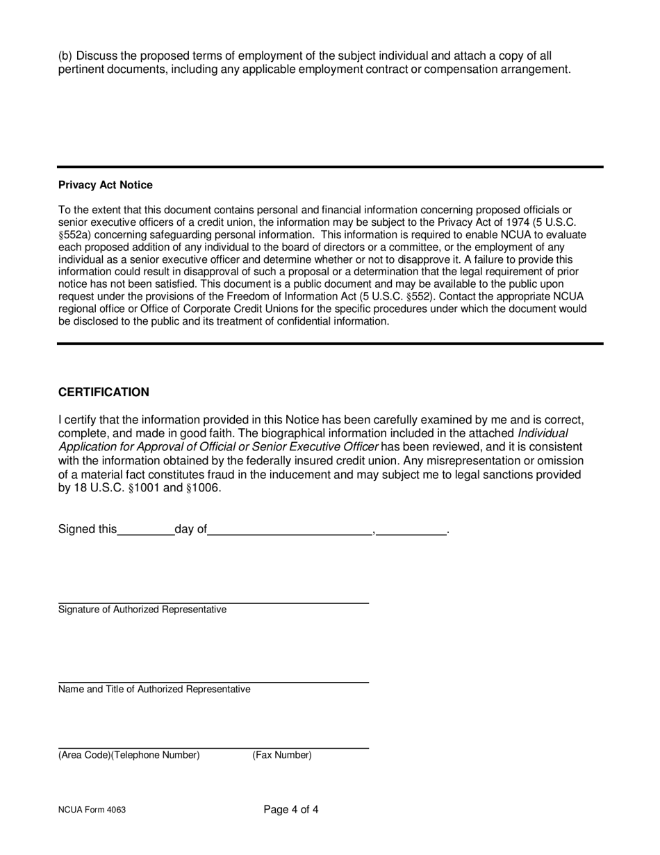 NCUA Form 4063 Notice of Change in Official or Senior Executive Officer, Page 4