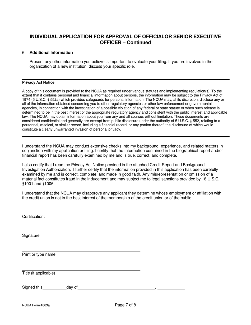 NCUA Form 4063A Individual Application for Approval of Official or Senior Executive Officer, Page 7