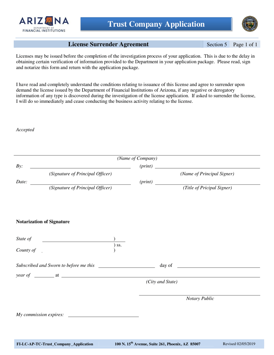 Section 5 Trust Company Application - License Surrender Agreement - Arizona, Page 1