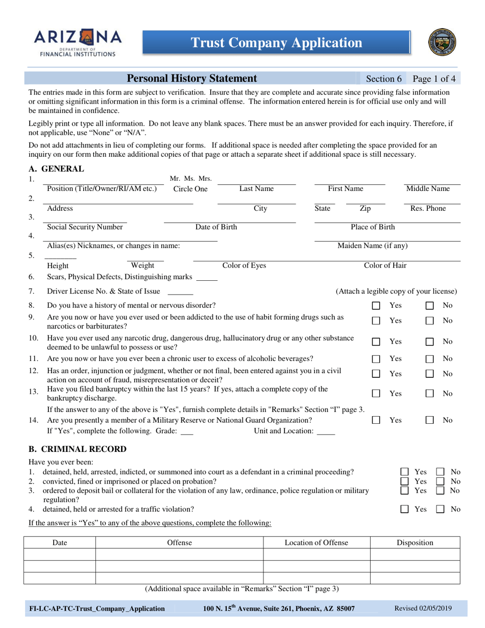 Section 6 Trust Company Application - Personal History Statement - Arizona, Page 1