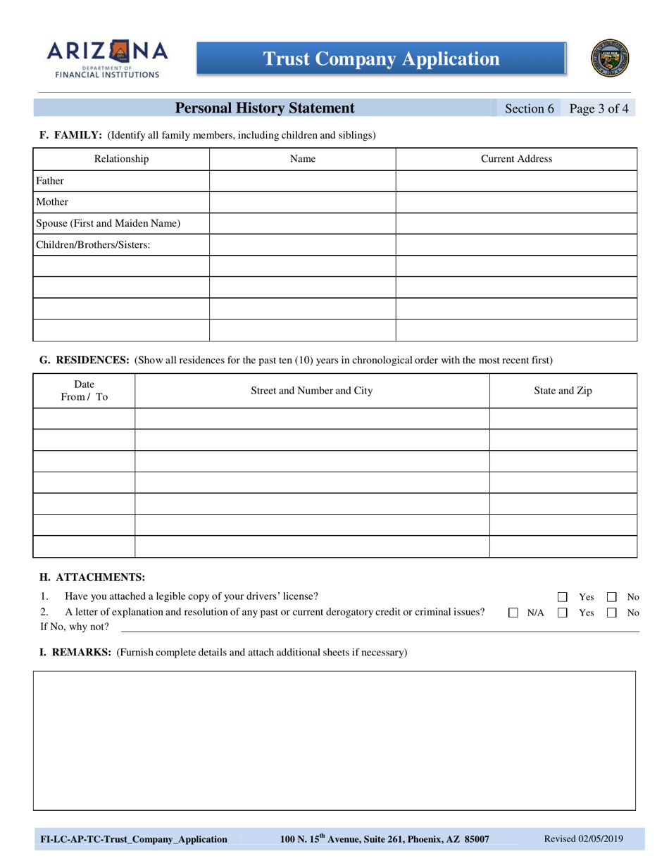 Section 6 Trust Company Application - Personal History Statement - Arizona, Page 3