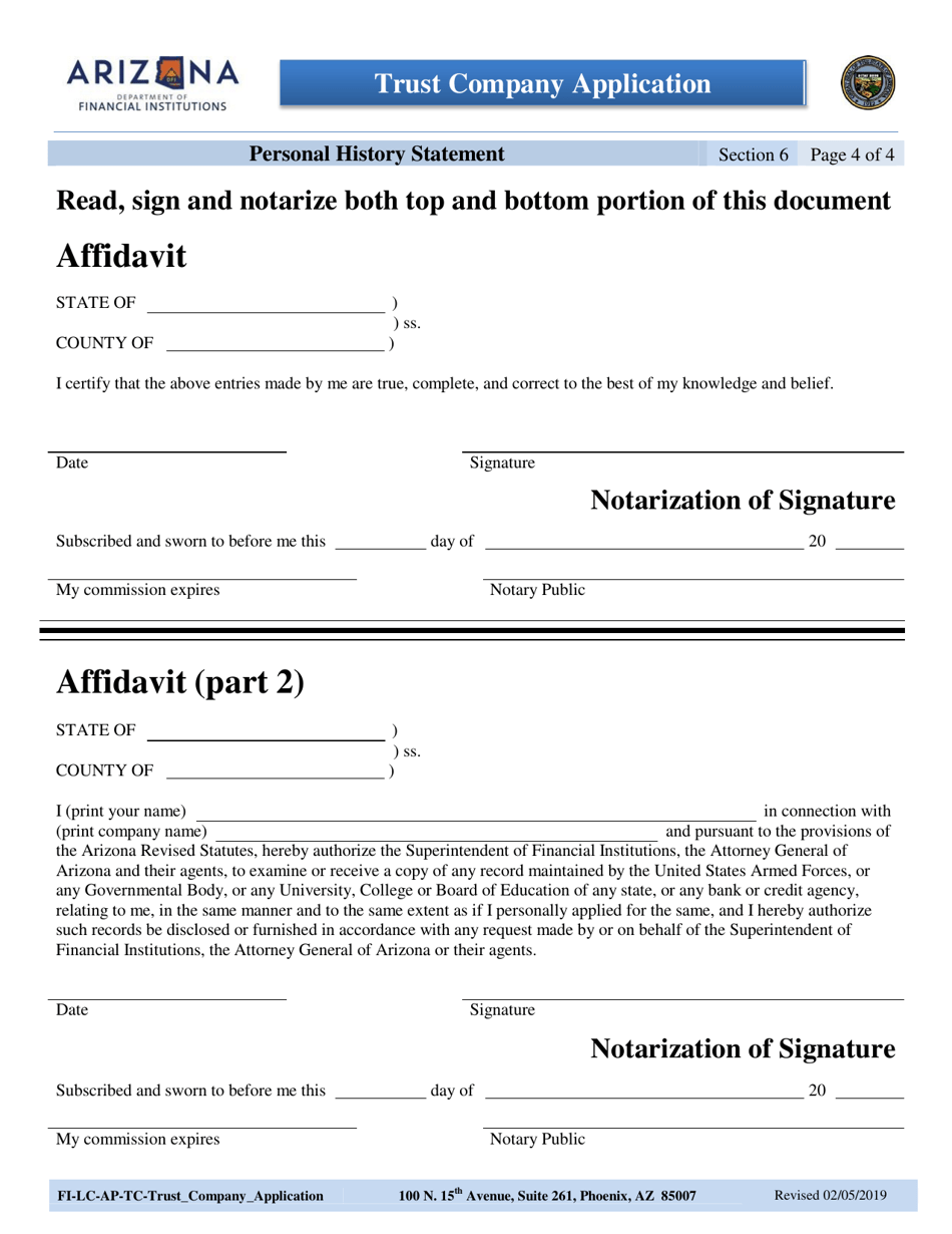 Section 6 Trust Company Application - Personal History Statement - Arizona, Page 4