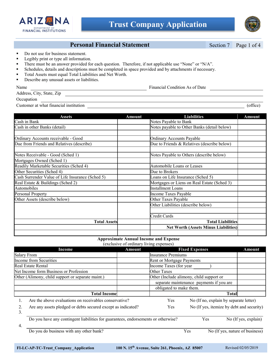 Section 7 Trust Company Application - Personal Financial Statement - Arizona, Page 1