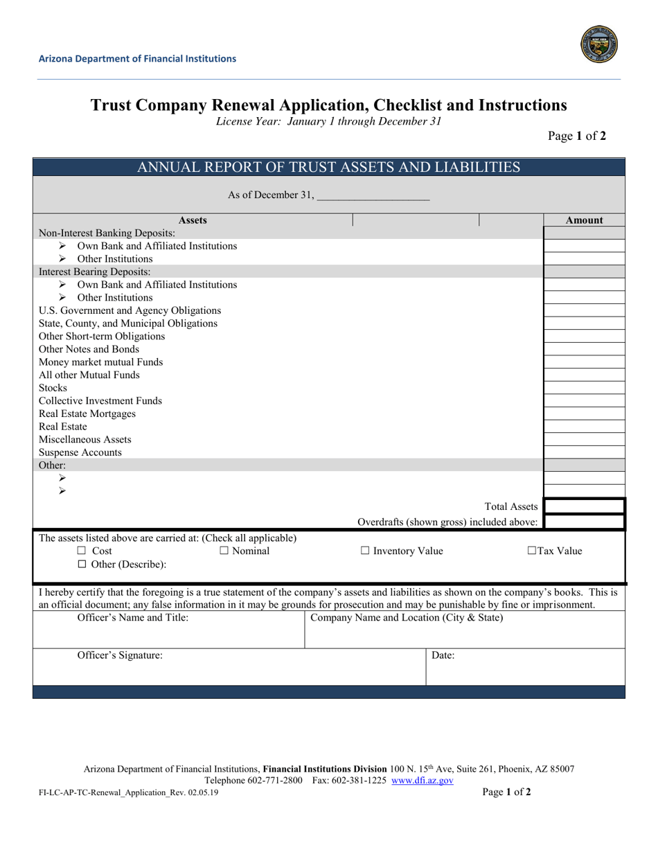Trust Company Renewal Application - Arizona, Page 1