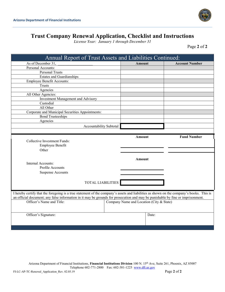 Trust Company Renewal Application - Arizona, Page 2