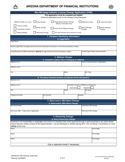 Non-mortgage Industry License Change Application (Chg) - Arizona Download Pdf
