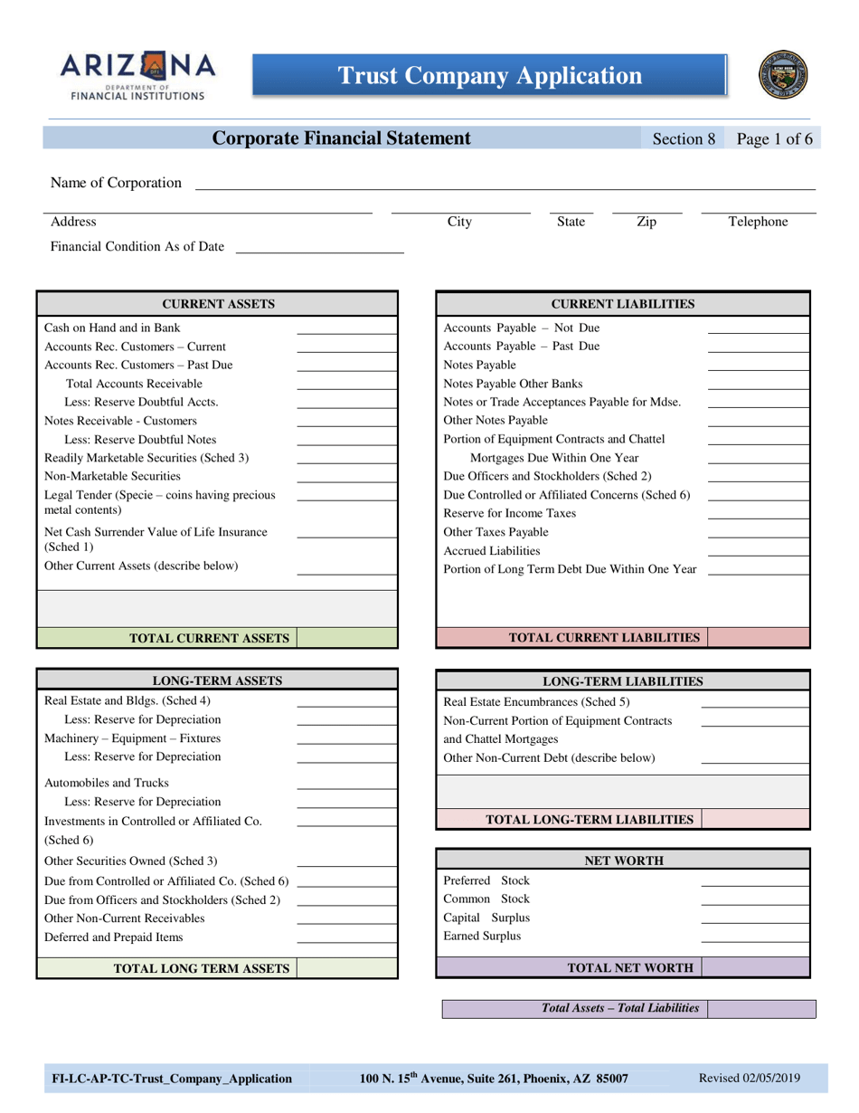 Section 8 Trust Company Application - Corporate Financial Statement - Arizona, Page 1