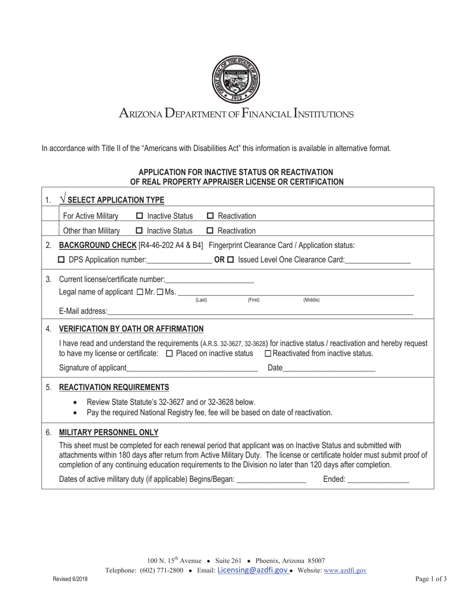 Arizona Application for Inactive Status or Reactivation of Real