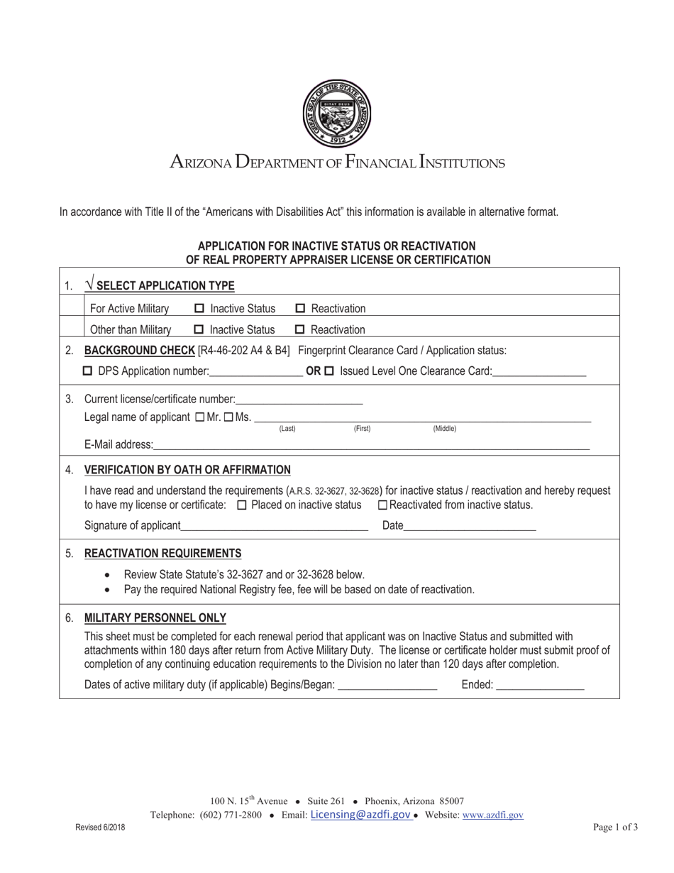 Application for Inactive Status or Reactivation of Real Property Appraiser License or Certification - Arizona, Page 1