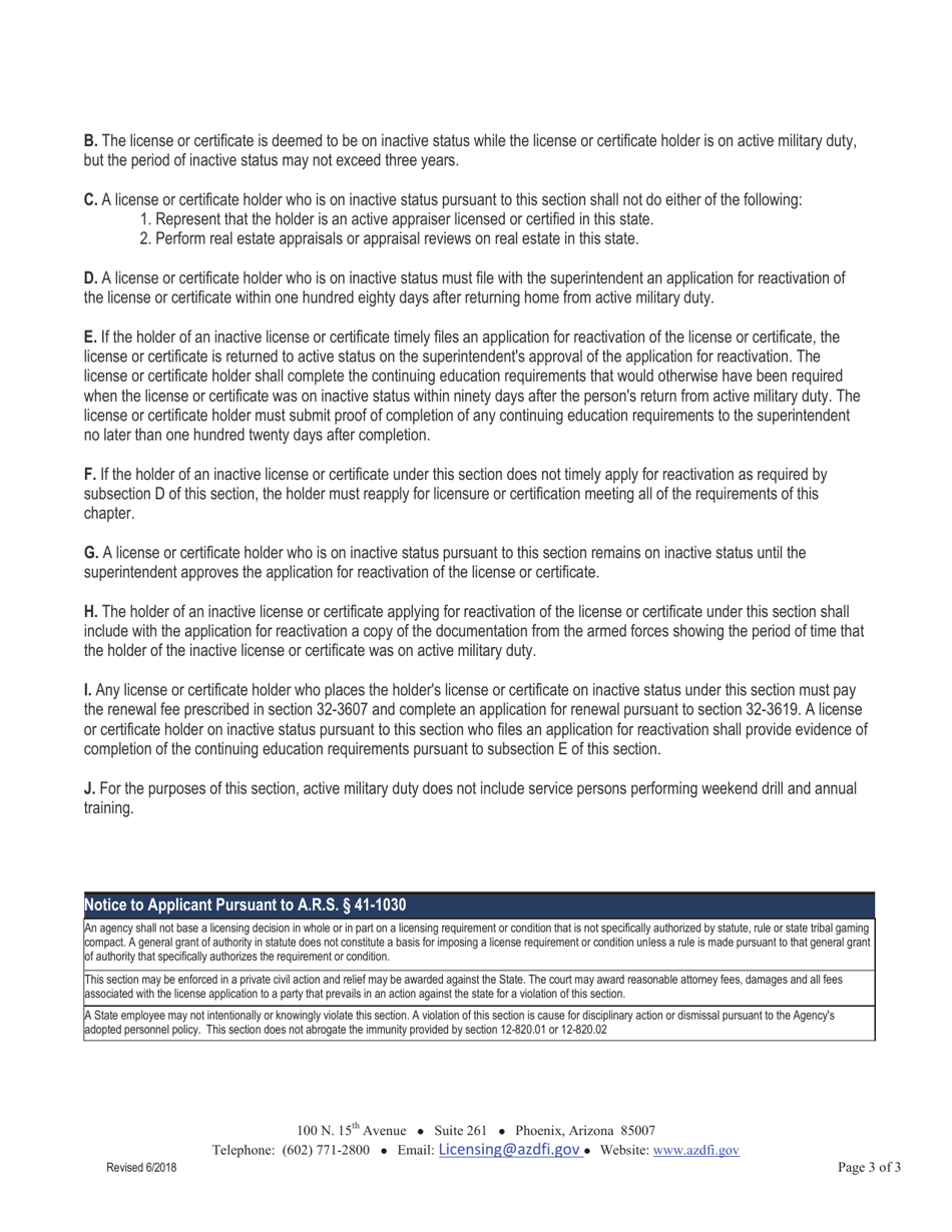 Arizona Application for Inactive Status or Reactivation of Real