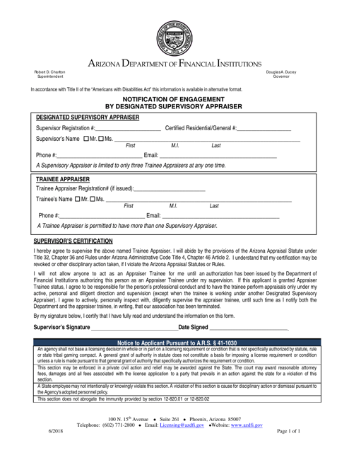 Notification of Engagement by Designated Supervisory Appraiser - Arizona Download Pdf