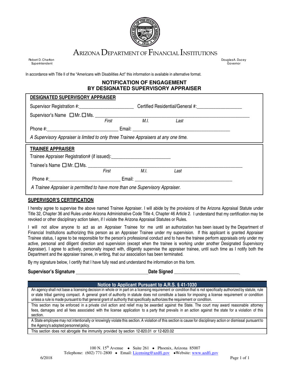 Notification of Engagement by Designated Supervisory Appraiser - Arizona, Page 1