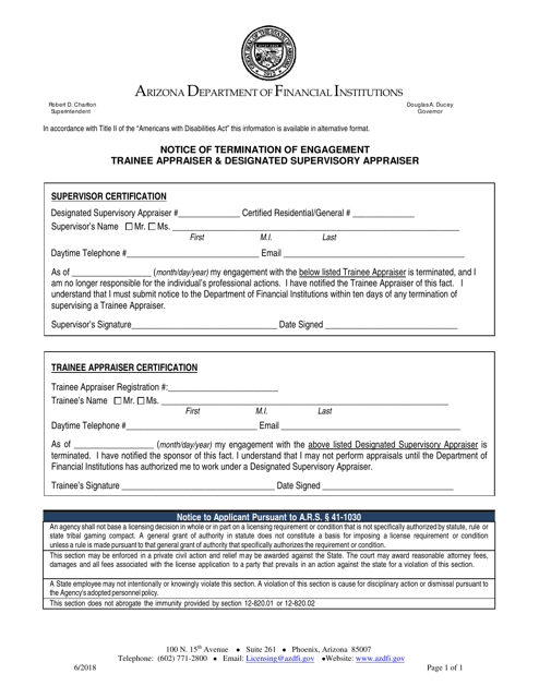 Notice of Termination of Engagement Trainee Appraiser & Designated Supervisory Appraiser - Arizona Download Pdf