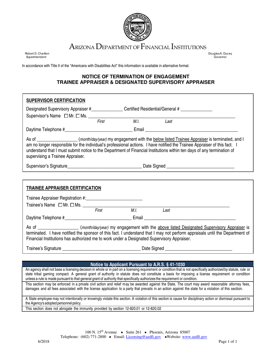 Notice of Termination of Engagement Trainee Appraiser  Designated Supervisory Appraiser - Arizona, Page 1