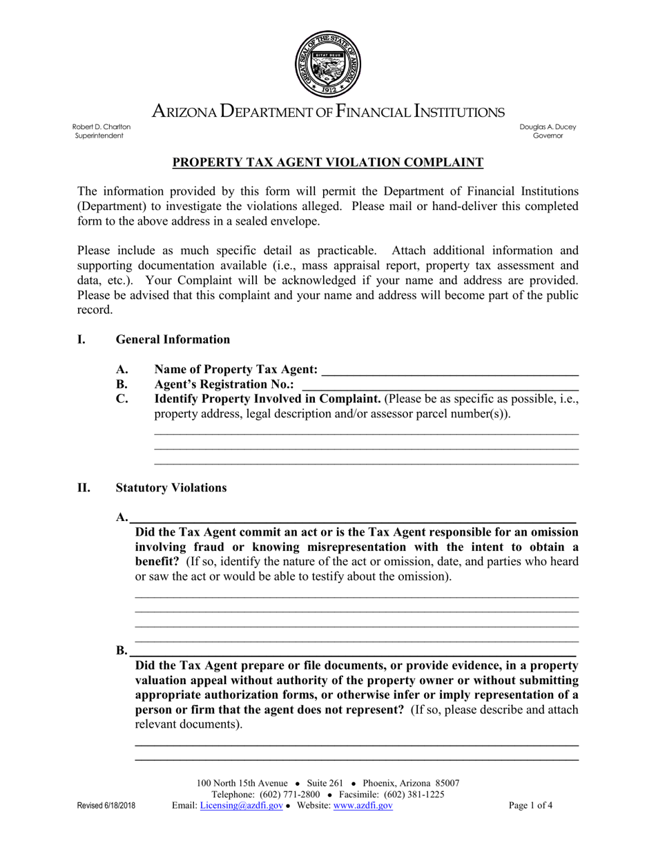 Property Tax Agent Violation Complaint - Arizona, Page 1