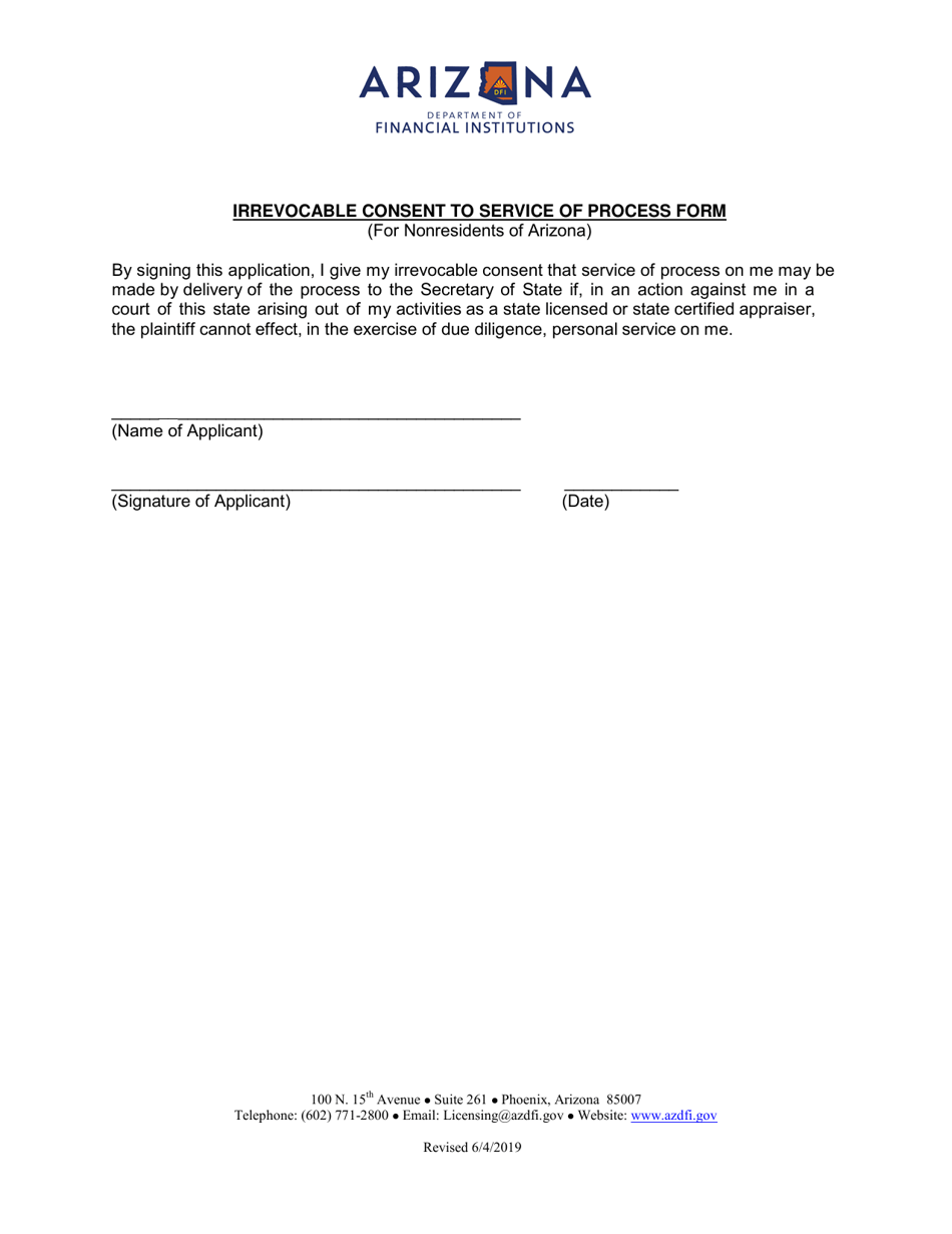 Irrevocable Consent to Service of Process Form - Arizona, Page 1
