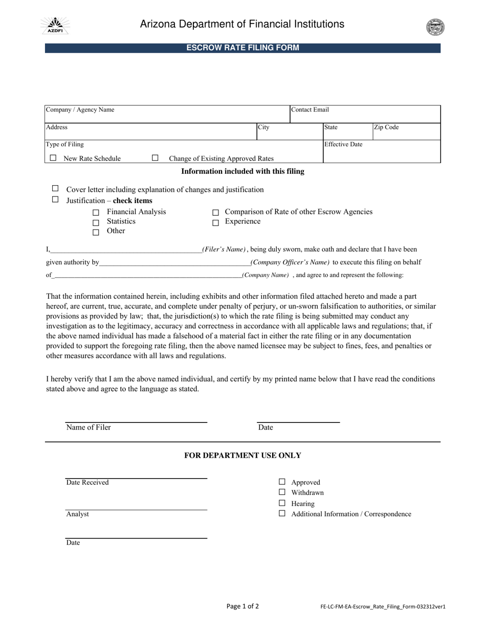 Escrow Rate Filing Form - Arizona, Page 1