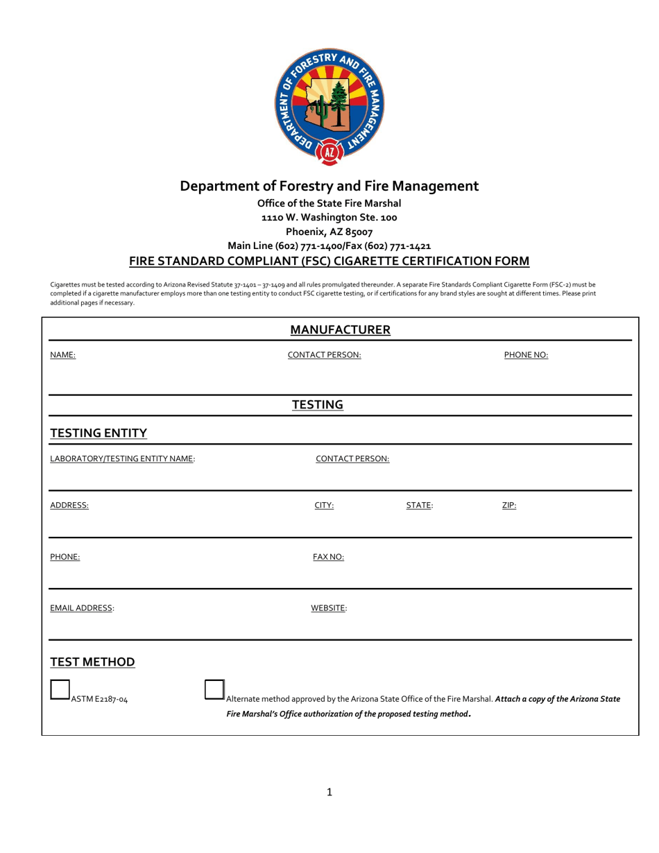 Form FSC-2 Fire Standard Compliant (FSC) Cigarette Certification Form - Arizona, Page 1
