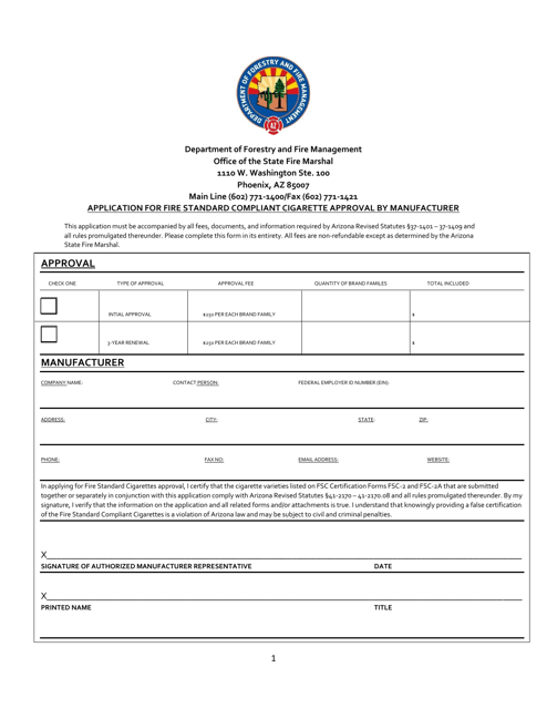 Form FSC-2 Application for Fire Standard Compliant Cigarette Approval by Manufacturer - Arizona