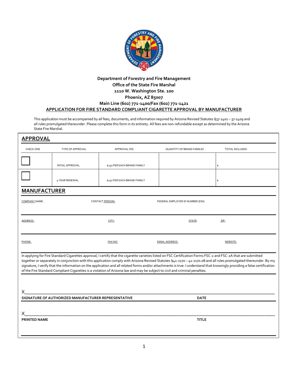 Form FSC-2 Application for Fire Standard Compliant Cigarette Approval by Manufacturer - Arizona, Page 1