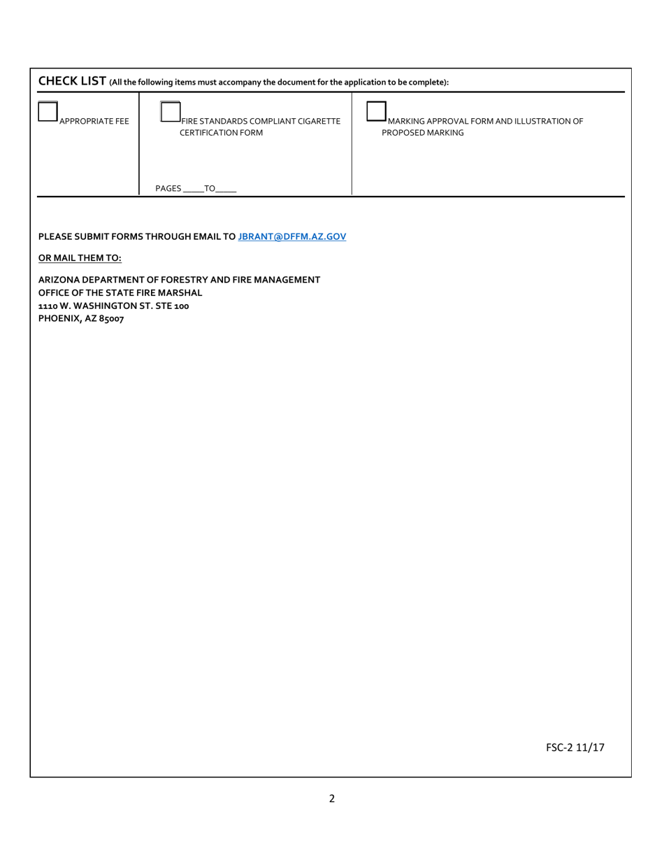 Form FSC-2 Application for Fire Standard Compliant Cigarette Approval by Manufacturer - Arizona, Page 2