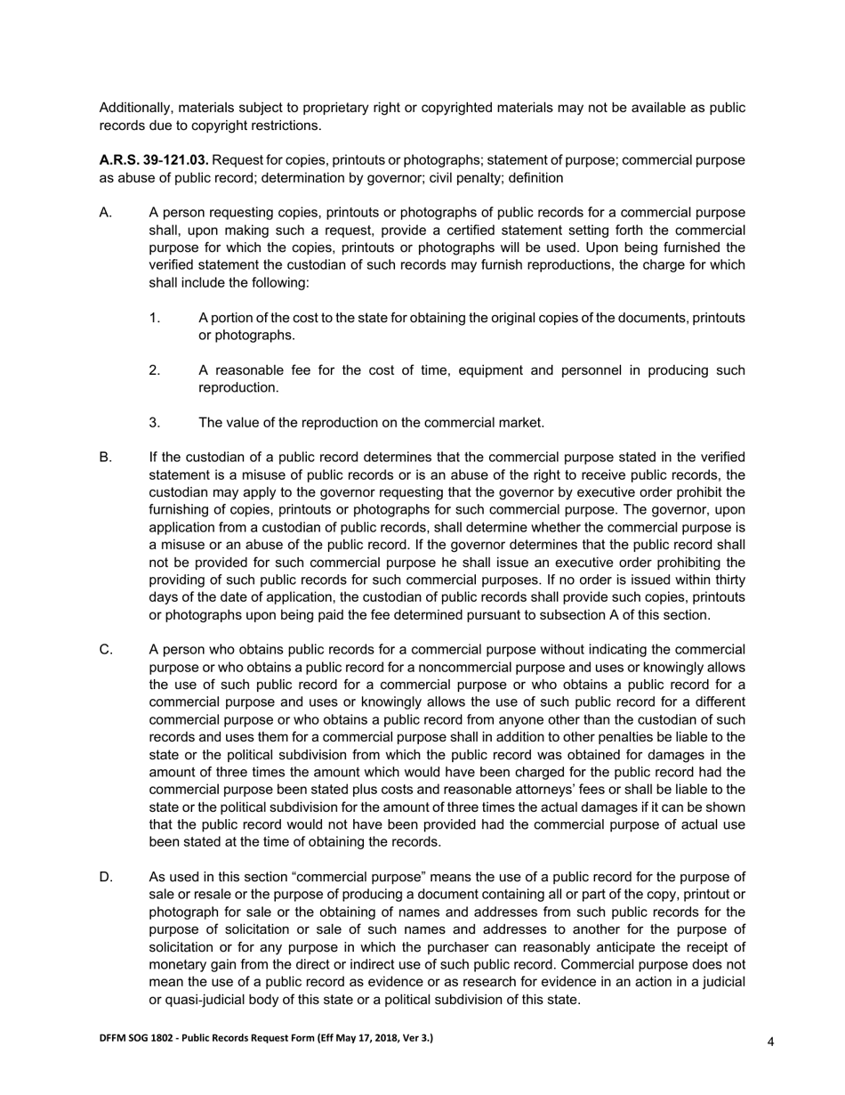 Form DFFM SOG1802 Public Records Request Form - Arizona, Page 4