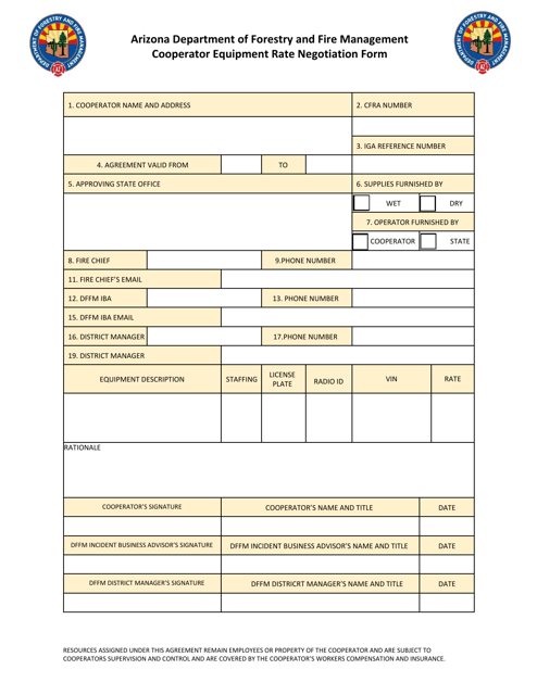 Cooperator Equipment Rate Negotiation Form - Arizona Download Pdf