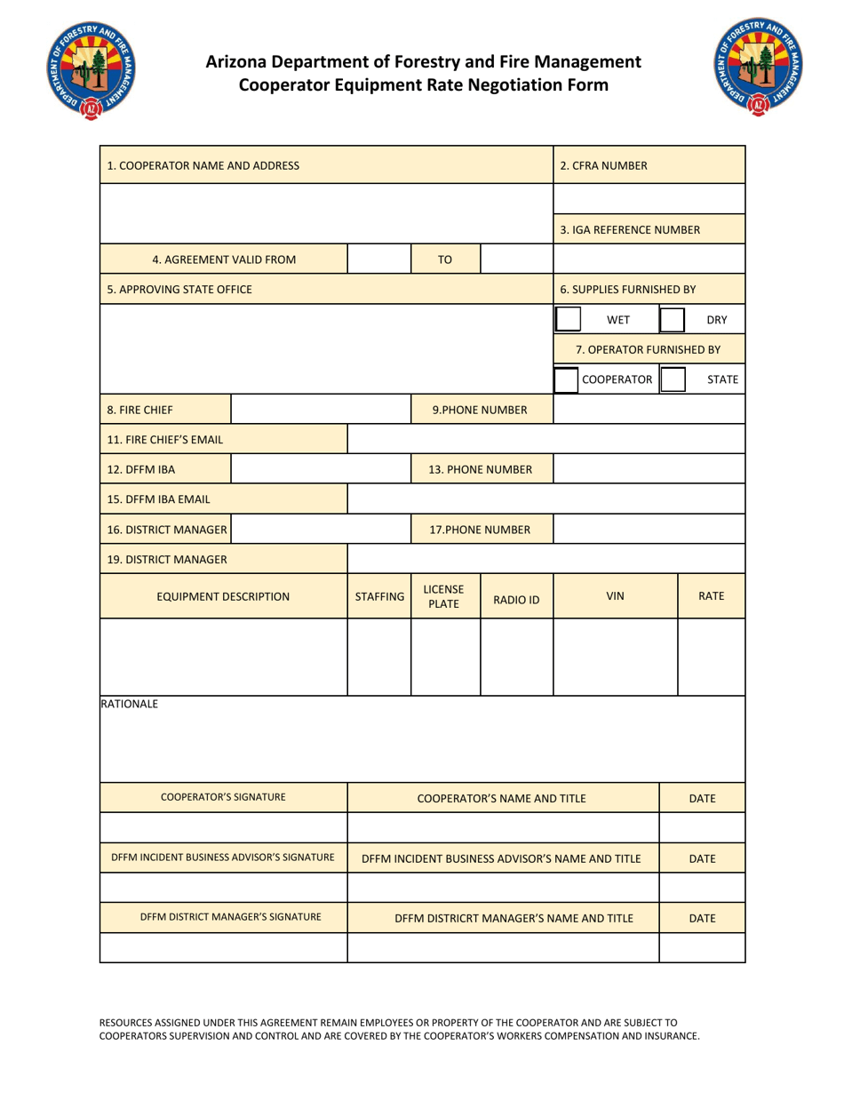 Cooperator Equipment Rate Negotiation Form - Arizona, Page 1