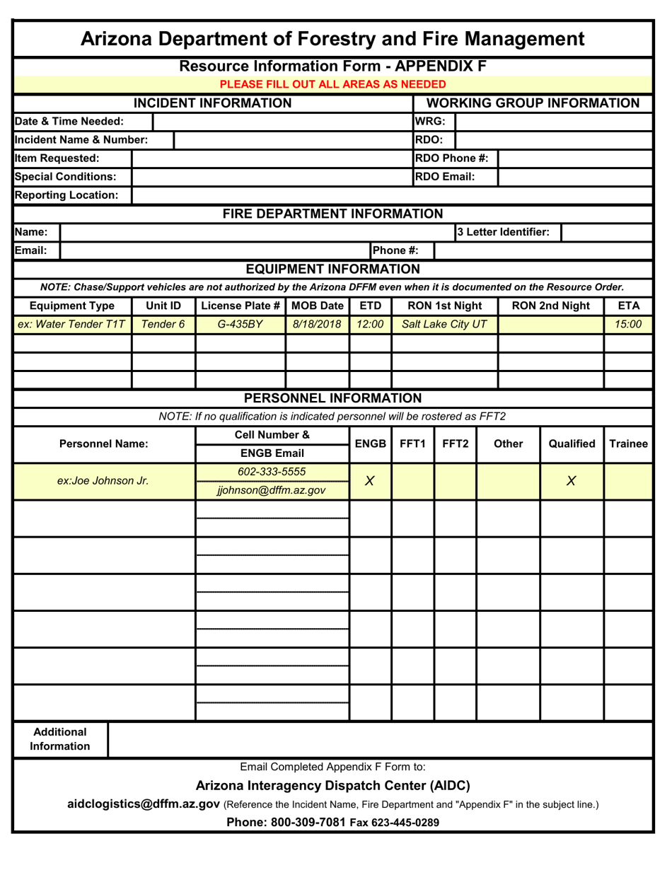 Appendix F Resource Information Form - Arizona, Page 1