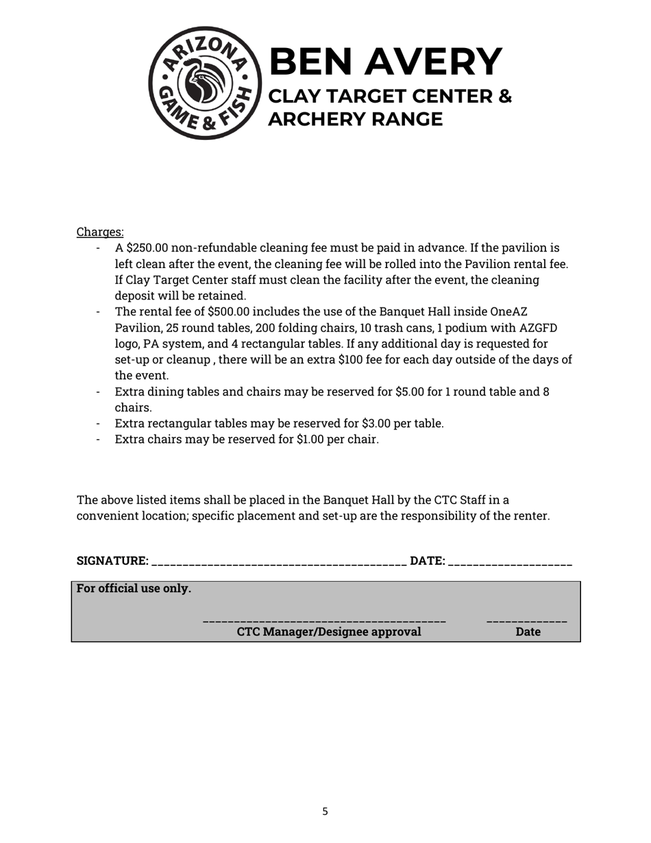 Oneaz Pavilion Rental Acknowledgement Terms and Conditions - Arizona, Page 5