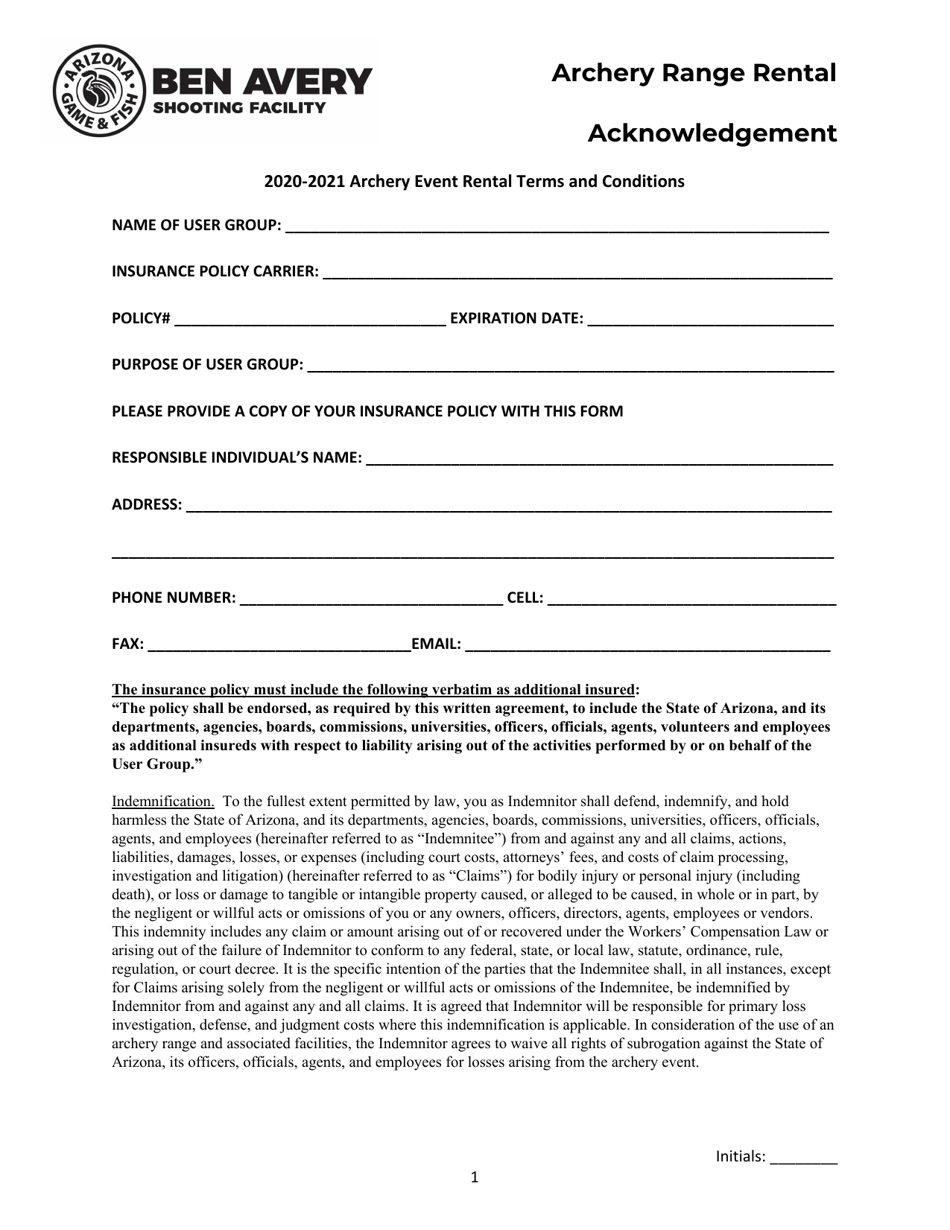 2021 Arizona Archery Range Rental Acknowledgement Fill Out, Sign
