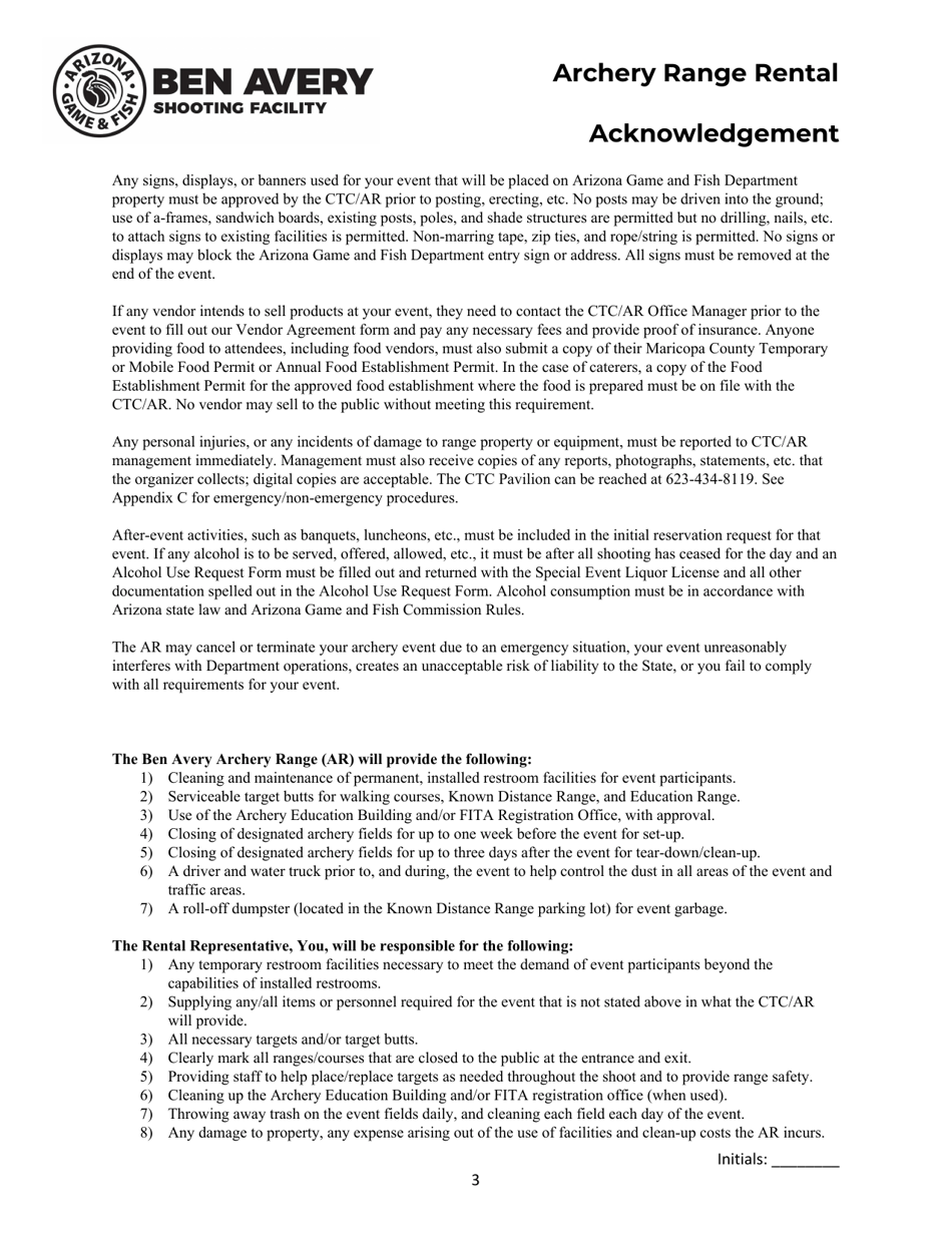 Archery Range Rental Acknowledgement - Arizona, Page 3