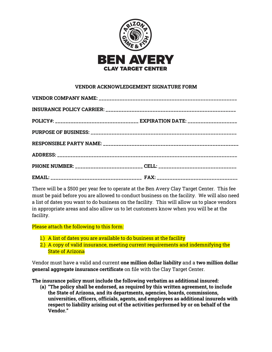 Vendor Acknowledgement Signature Form - Arizona, Page 1