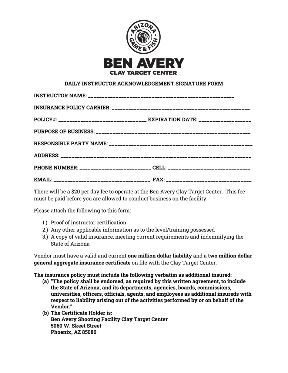 Daily Instructor Acknowledgement Signature Form - Arizona, Page 1