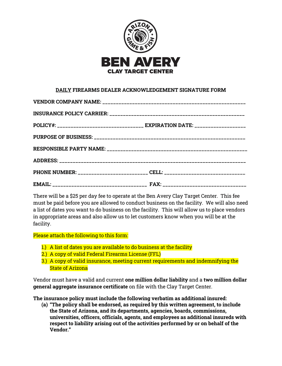Daily Firearms Dealer Acknowledgement Signature Form - Arizona, Page 1
